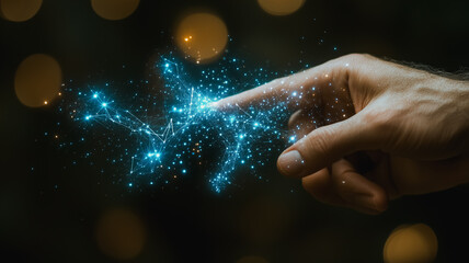 Wall Mural - connecting the dots: a hand reaches out, fingertips tracing a shimmering constellation of digital da