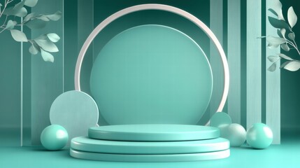 Poster - A minimalist teal stage with circular elements and leaves, ideal for presentations or displays.
