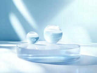 Aufkleber - Two transparent spheres on a reflective surface against a soft blue background.