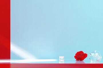 Poster - A minimalist arrangement featuring a red rose, crystal objects, and a soft gradient background.