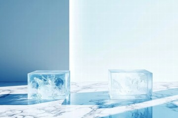 Aufkleber - Two transparent ice cubes on a marble surface with soft lighting.