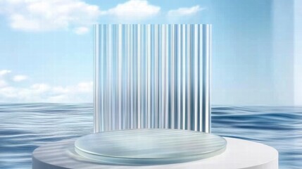 Poster - A minimalist display podium with vertical stripes, set against a serene ocean backdrop.
