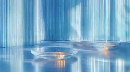Poster - A serene composition featuring transparent dishes with soft lighting against a blue backdrop.