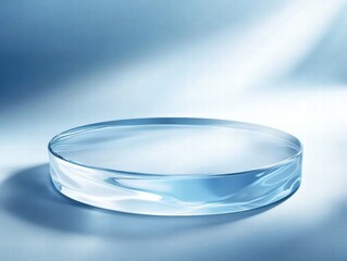 Wall Mural - A clear, circular glass dish with smooth edges, set against a soft blue background.