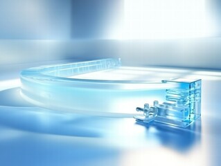 Aufkleber - A transparent, curved object with a clamp, suggesting a design or engineering tool.