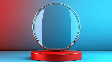 Poster - A circular glass display on a red pedestal against a blue gradient background.
