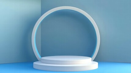 Poster - A minimalist circular display stage with soft lighting against a blue backdrop.