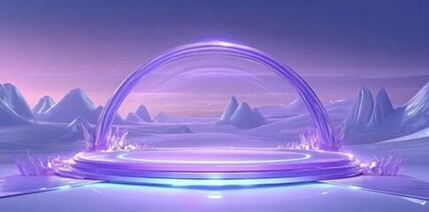 Aufkleber - A futuristic, icy landscape with a glowing portal and crystal formations.