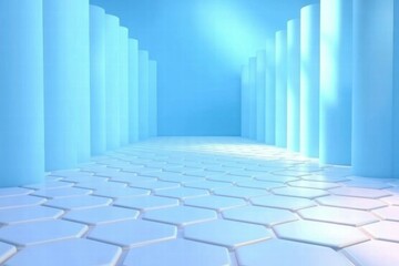 Poster - A serene blue corridor with hexagonal tiles and cylindrical pillars, evoking calmness and depth.