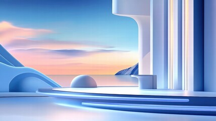 Aufkleber - A serene, futuristic landscape with smooth curves and a tranquil ocean view at sunset.