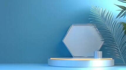 Poster - A minimalist display featuring geometric shapes and a plant against a blue background.