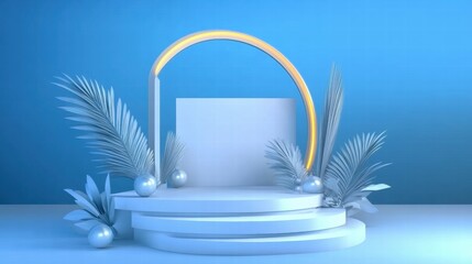 Poster - A minimalist stage setup with blue background, circular light, and decorative plants.