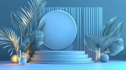 Poster - A minimalist stage design with circular backdrop, steps, and decorative plants in soft lighting.
