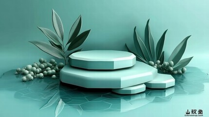Poster - A serene arrangement of geometric shapes and leaves in a tranquil teal setting.