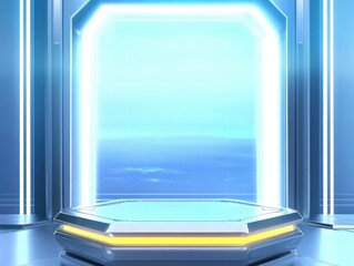 Poster - A futuristic, illuminated portal with a sleek platform, suggesting a sci-fi environment.