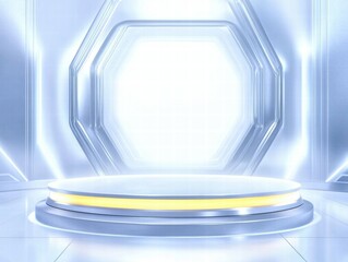 Poster - A futuristic, illuminated stage with a bright hexagonal backdrop, ideal for presentations.