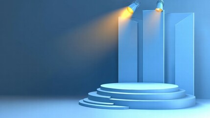 Poster - A minimalist stage setup with blue lighting and a circular platform for presentations or performances.