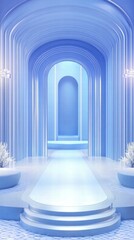 Wall Mural - A serene, blue-toned architectural space with arches and soft lighting, ideal for meditation.