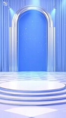 Poster - A serene stage with blue backdrop and columns, ideal for presentations or performances.