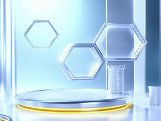 Poster - A futuristic display featuring hexagonal shapes and a clear podium with glowing accents.