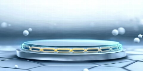 Aufkleber - A futuristic platform with a glowing design, surrounded by bubbles, suggesting advanced technology.