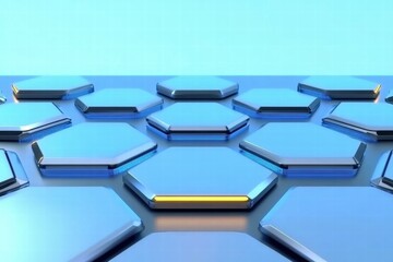 Aufkleber - A futuristic arrangement of hexagonal tiles with a glossy finish on a blue background.