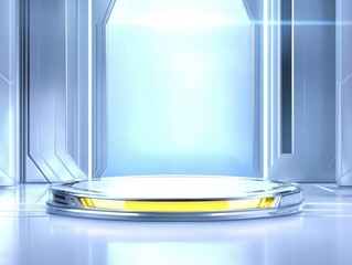 Poster - A futuristic, illuminated stage with a circular platform and sleek metallic surroundings.