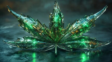 Wall Mural - Glass cannabis leaf with green glow.