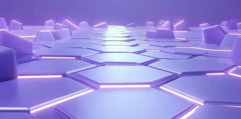 Fototapete - A futuristic hexagonal landscape with glowing edges, creating a surreal, tech-inspired environment.