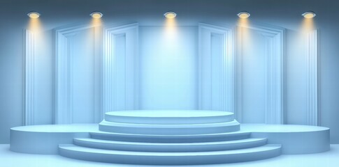 Poster - A minimalist stage design with illuminated platforms, suitable for presentations or performances.