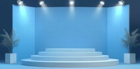 Poster - A minimalist blue stage setup with spotlights and potted plants for presentations or performances.