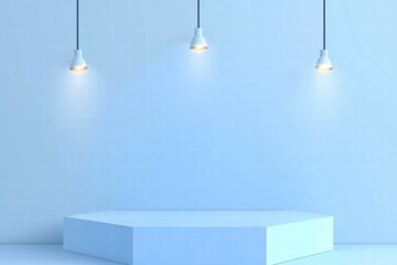 Leinwandbilder - A minimalist stage with soft blue lighting and three hanging lamps.