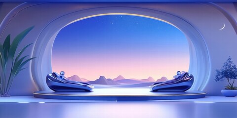 Poster - A serene futuristic interior with sleek seating and a tranquil landscape view.