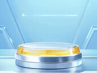 Leinwandbilder - A futuristic display stand with a transparent dome and yellow base, suggesting technology.