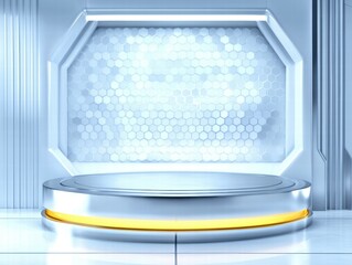 Poster - A futuristic display stage with a hexagonal backdrop and illuminated circular platform.