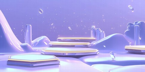Poster - A futuristic, abstract landscape with floating platforms and soft, glossy surfaces.
