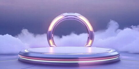 Poster - A futuristic circular portal set on a platform surrounded by clouds and soft lighting.