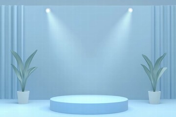 Leinwandbilder - A minimalist stage setup featuring a circular platform and potted plants, illuminated by spotlights.