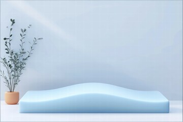 Wall Mural - A minimalist blue wave-shaped object beside a potted plant against a light background.