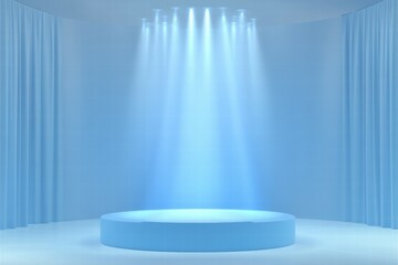 Leinwandbilder - A minimalist blue stage illuminated by soft lights, ideal for presentations or performances.