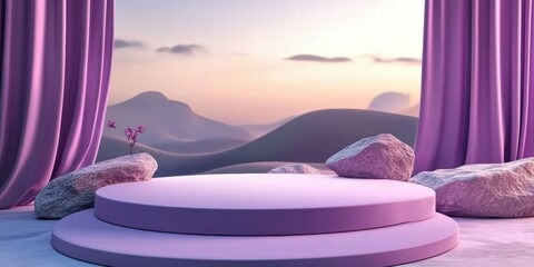 Leinwandbilder - A serene stage set with purple tones and natural elements, ideal for presentations or events.
