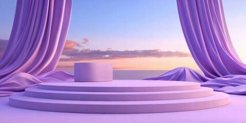 Leinwandbilder - A serene stage setup with purple drapery and a circular platform against a sunset backdrop.