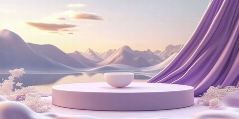 Poster - A serene landscape featuring a minimalistic platform and bowl amidst mountains and soft colors.