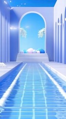Poster - A serene, blue-toned interior with a water channel and soft, colorful shapes in the background.