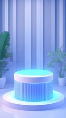 Poster - A futuristic display podium illuminated with blue light in a minimalistic environment.