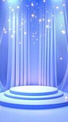 Poster - A serene blue stage with curtains and sparkling lights, ideal for presentations or performances.