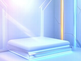 Poster - A futuristic display platform with glowing edges in a sleek, modern environment.