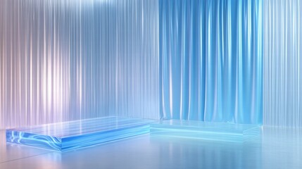 Poster - A serene, abstract space with illuminated blue and pastel curtains and glass platforms.