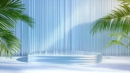 Poster - A minimalist stage set with palm leaves and vertical stripes, ideal for presentations or events.
