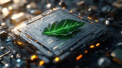 Wall Mural - green leaf on futuristic tech circuit board.